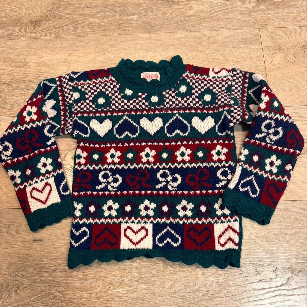 Vintage GRAND‎ Sweater Hearts Flowers Bows Teal Acrylic 5/6 Girls 1990's